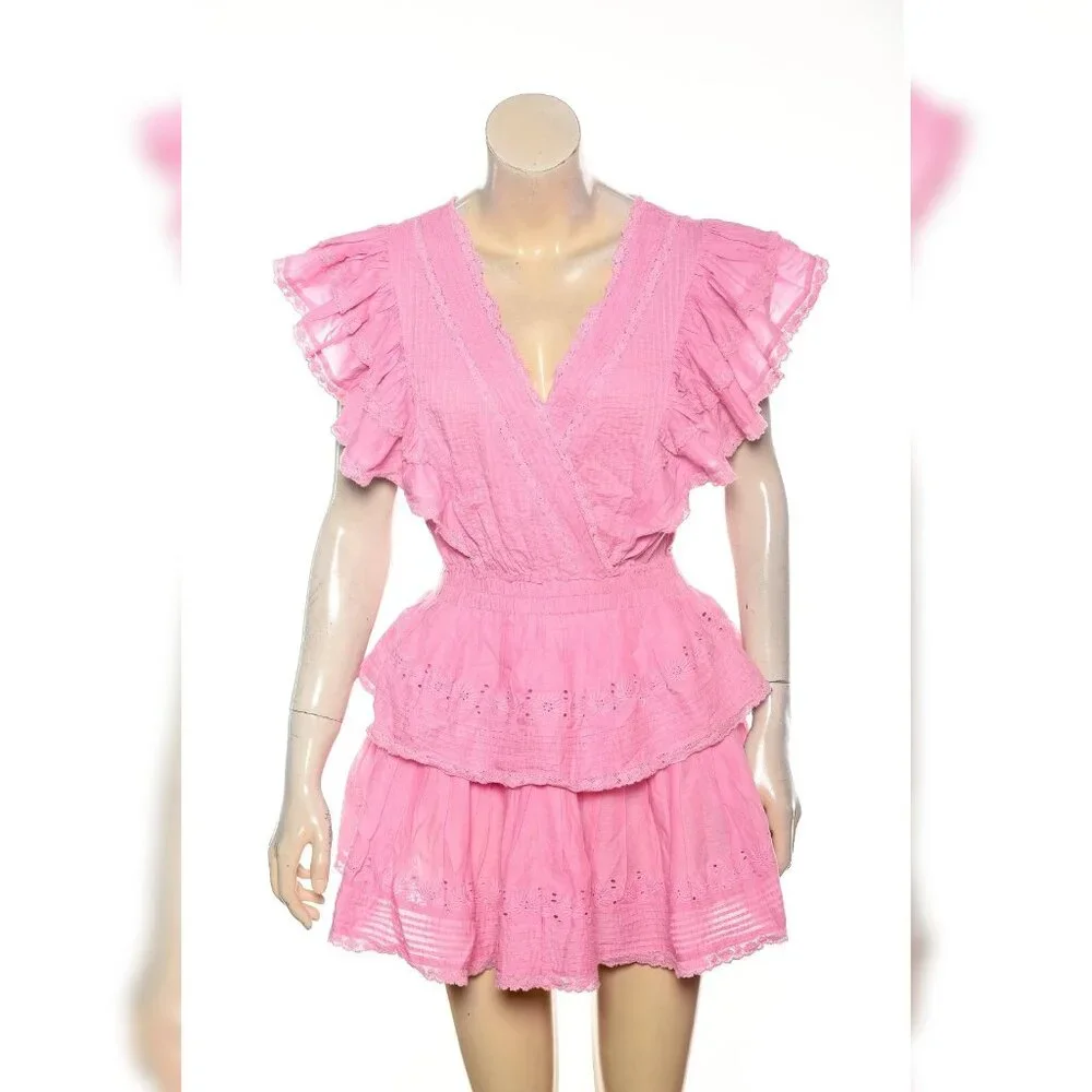 LoveShackFancy Gwen Heritage Mini Dress S 6 Embroidered Cotton Pink Short 42378 - Picture 3 of 6